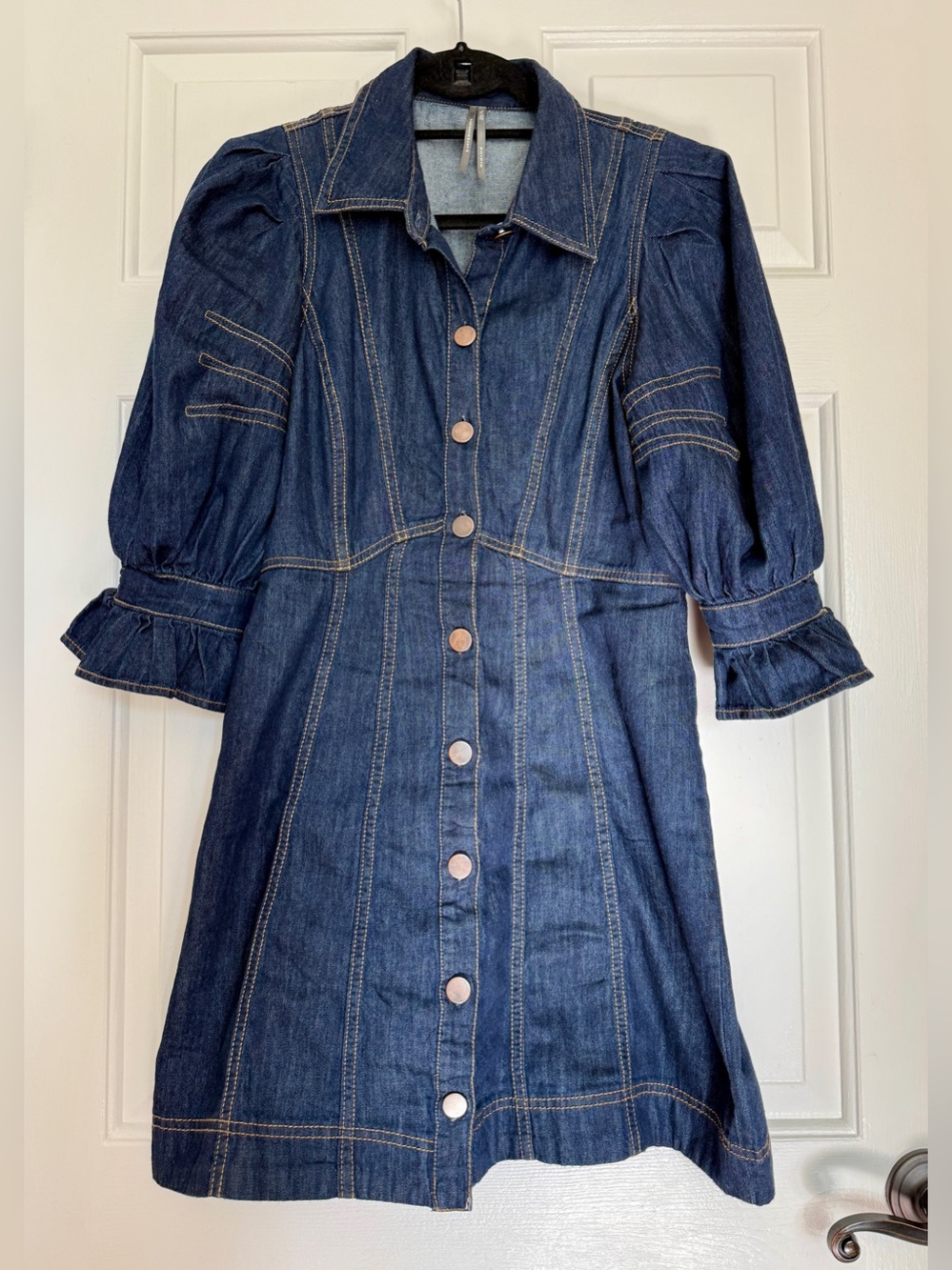 Anthropologie Puff-SleeveDenim Mini Shirt Dress Sz 2 - Picture 5 of 9